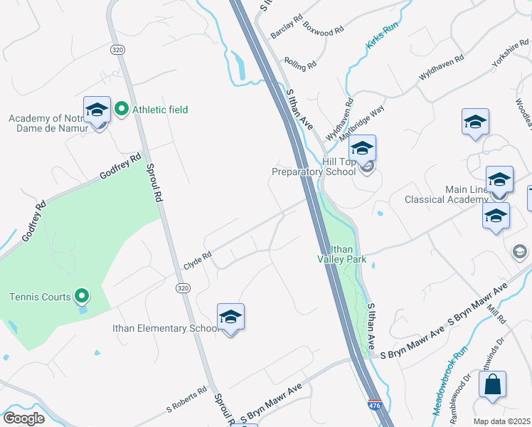 map of restaurants, bars, coffee shops, grocery stores, and more near 630 Clyde Road in Bryn Mawr