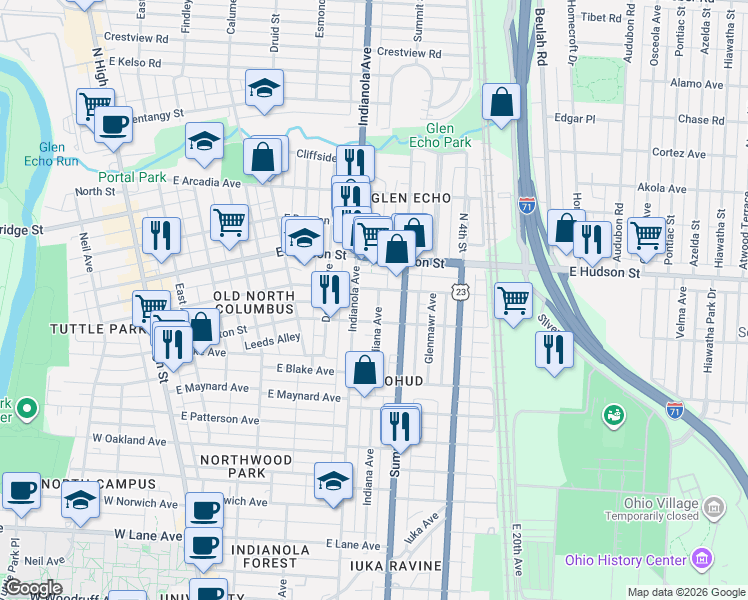 map of restaurants, bars, coffee shops, grocery stores, and more near 2469 Indiana Avenue in Columbus