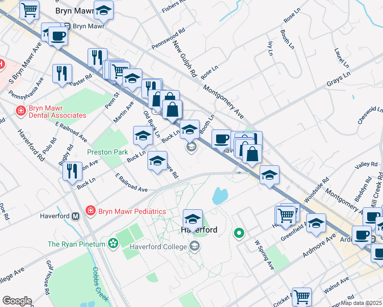 map of restaurants, bars, coffee shops, grocery stores, and more near 450 Lancaster Avenue in Haverford