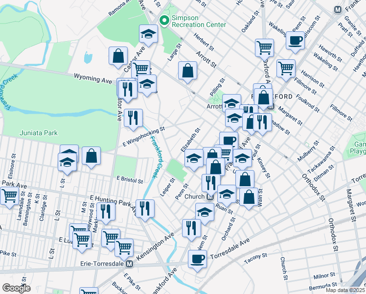 map of restaurants, bars, coffee shops, grocery stores, and more near 4336 Elizabeth Street in Philadelphia