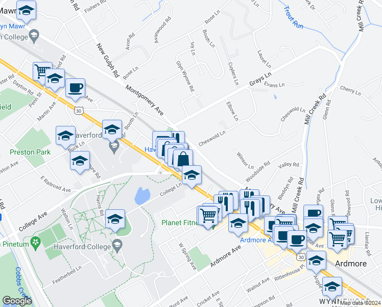 map of restaurants, bars, coffee shops, grocery stores, and more near 268 Montgomery Avenue in Haverford