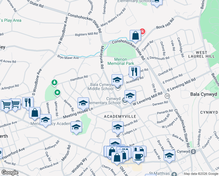map of restaurants, bars, coffee shops, grocery stores, and more near 540 Manayunk Road in Merion Station