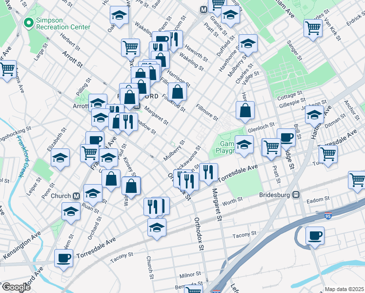 map of restaurants, bars, coffee shops, grocery stores, and more near 4671 Mulberry Street in Philadelphia