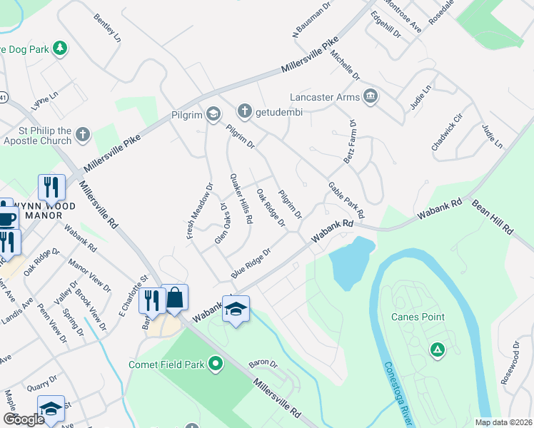 map of restaurants, bars, coffee shops, grocery stores, and more near 56 Oak Ridge Drive in Lancaster