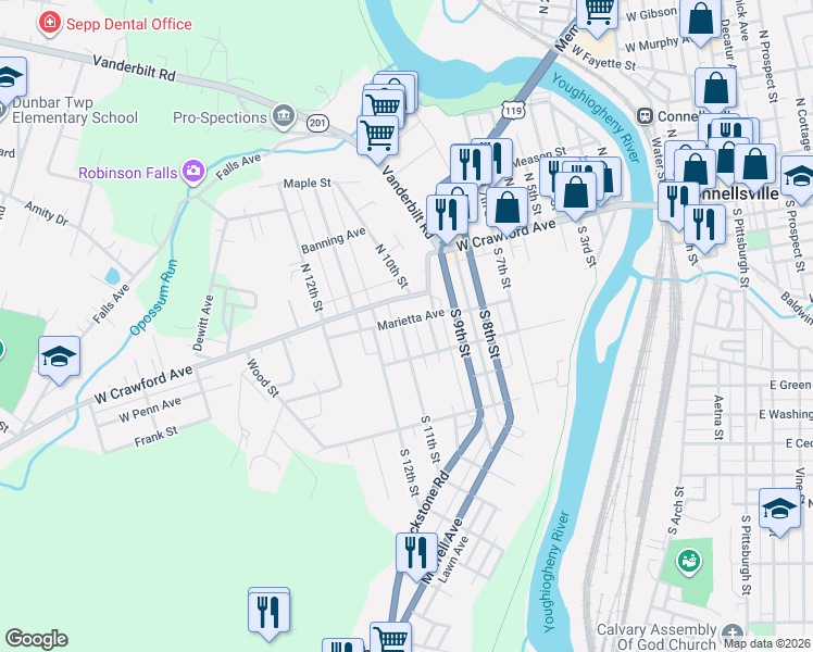 map of restaurants, bars, coffee shops, grocery stores, and more near 101 South 11th Street in Connellsville