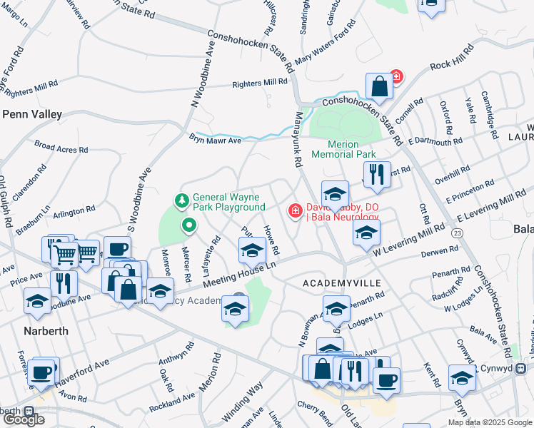 map of restaurants, bars, coffee shops, grocery stores, and more near 232 Standish Road in Merion Station