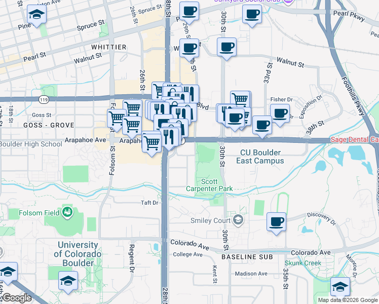 map of restaurants, bars, coffee shops, grocery stores, and more near 2939 Marine Street in Boulder