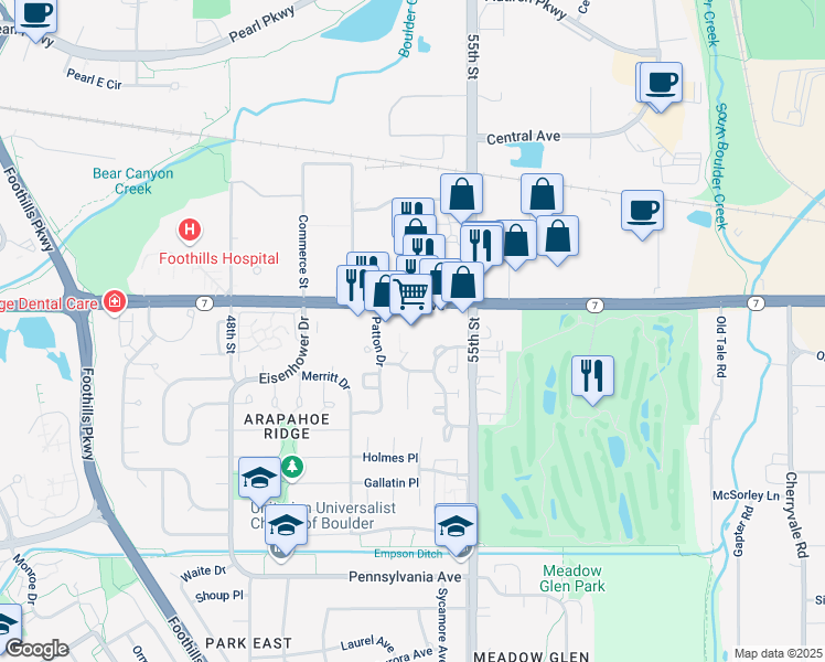 map of restaurants, bars, coffee shops, grocery stores, and more near 5360 Arapahoe Avenue in Boulder