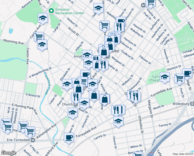 map of restaurants, bars, coffee shops, grocery stores, and more near 1620 Kinsey Street in Philadelphia
