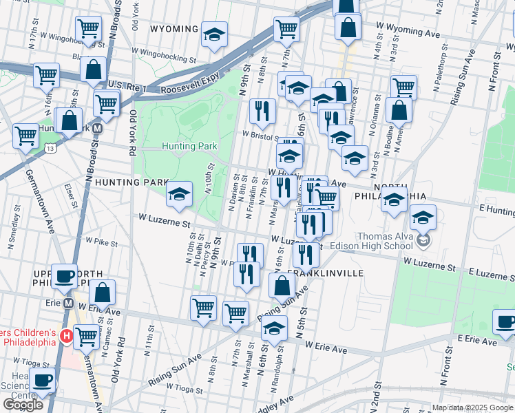 map of restaurants, bars, coffee shops, grocery stores, and more near 711 West Lycoming Street in Philadelphia