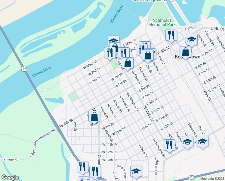 map of restaurants, bars, coffee shops, grocery stores, and more near 311 West 5th Street in Beardstown
