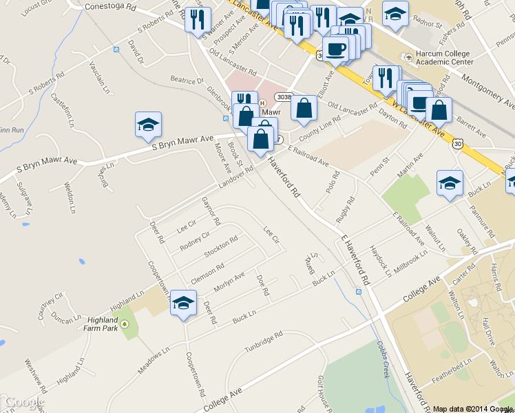 map of restaurants, bars, coffee shops, grocery stores, and more near 228 Lee Circle in Bryn Mawr