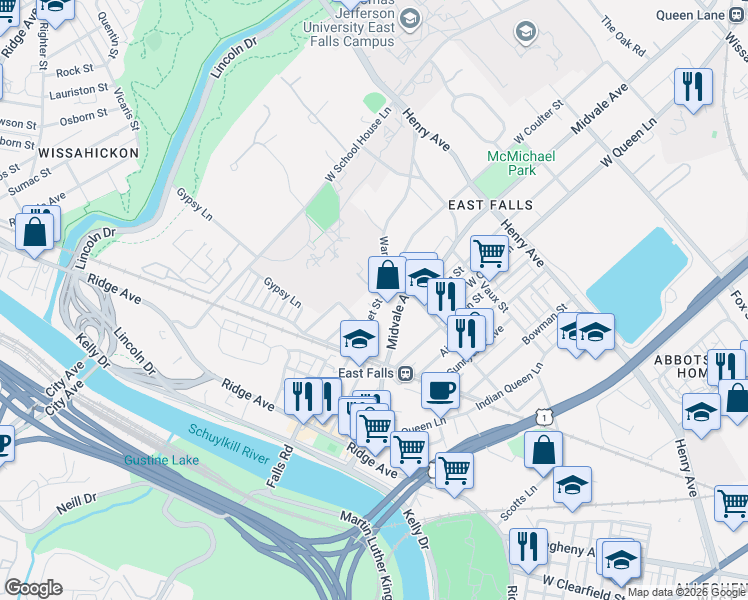 map of restaurants, bars, coffee shops, grocery stores, and more near 3411 Powers Street in Philadelphia