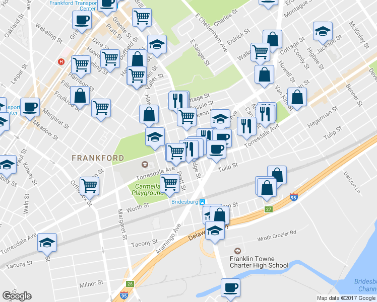 map of restaurants, bars, coffee shops, grocery stores, and more near 2074 Bridge Street in Philadelphia