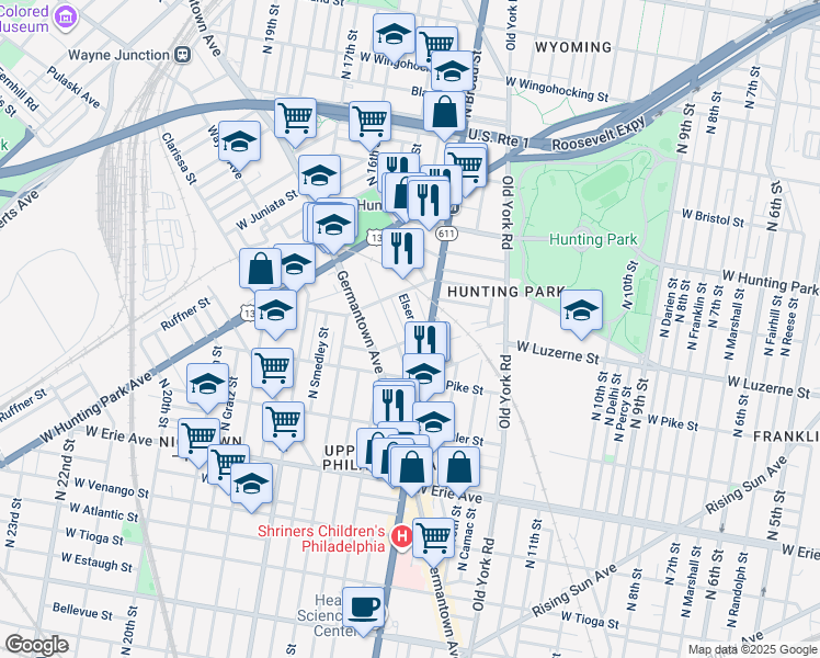map of restaurants, bars, coffee shops, grocery stores, and more near 3934 Elser Street in Philadelphia