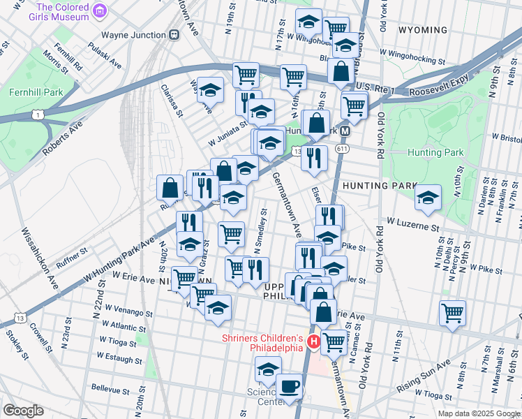 map of restaurants, bars, coffee shops, grocery stores, and more near 3944 North Smedley Street in Philadelphia