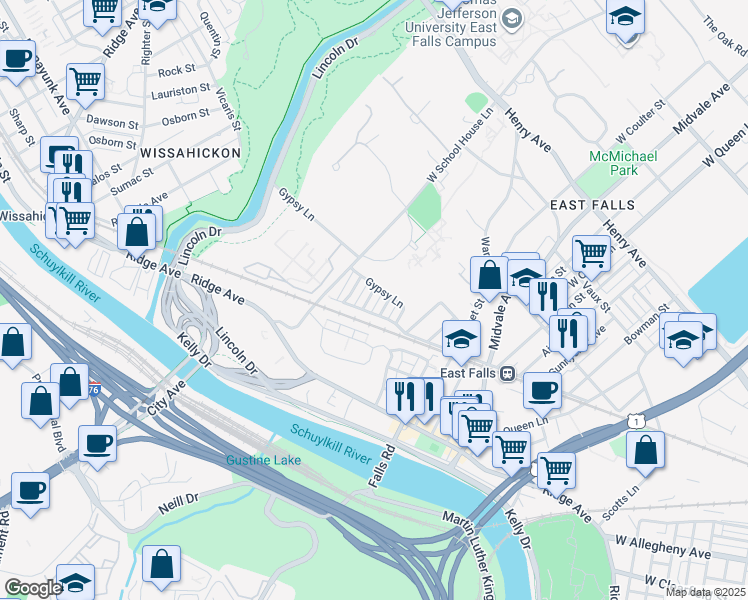 map of restaurants, bars, coffee shops, grocery stores, and more near 3613 Winona Street in Philadelphia
