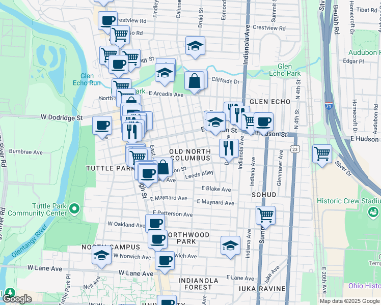 map of restaurants, bars, coffee shops, grocery stores, and more near 165 East Tompkins Street in Columbus