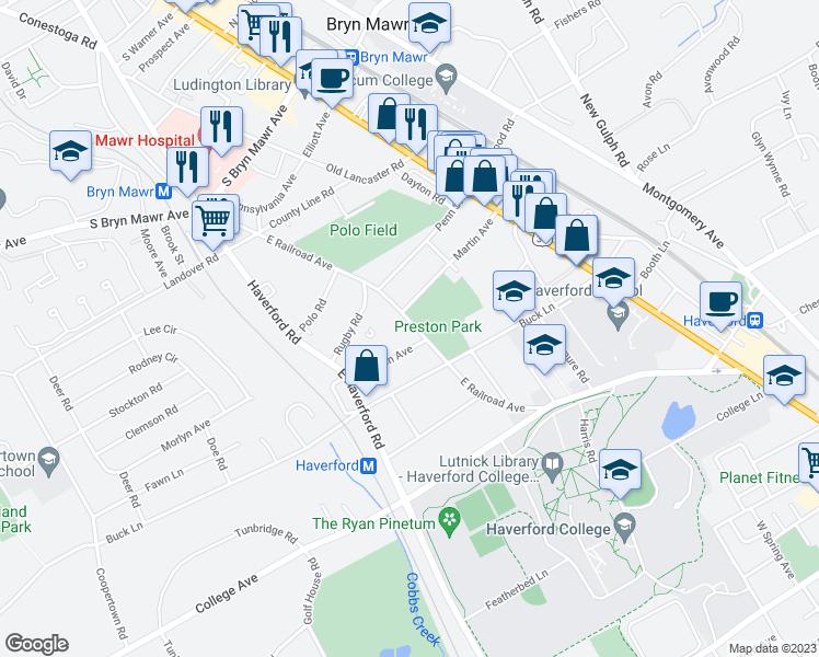 map of restaurants, bars, coffee shops, grocery stores, and more near 732 East Railroad Avenue in Bryn Mawr