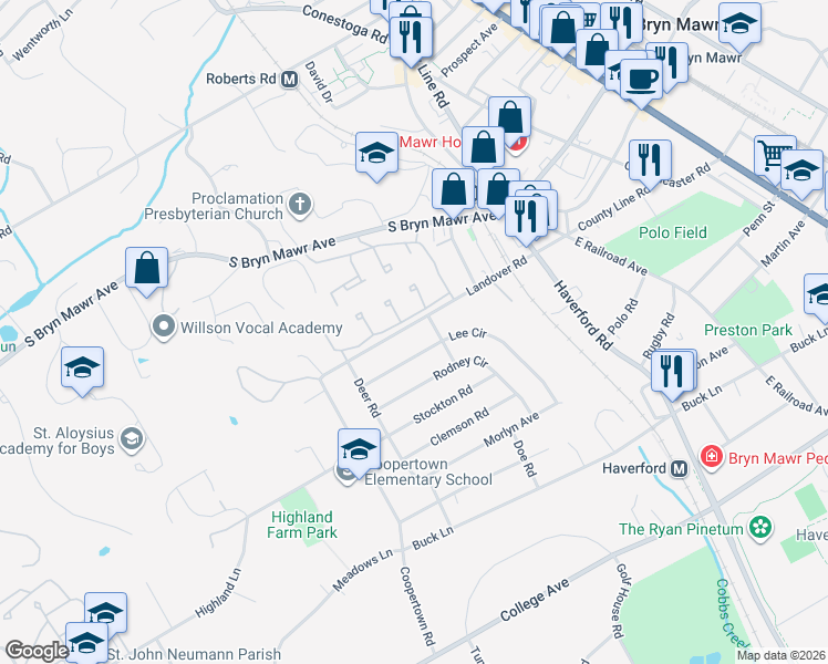 map of restaurants, bars, coffee shops, grocery stores, and more near 137 Landover Road in Bryn Mawr