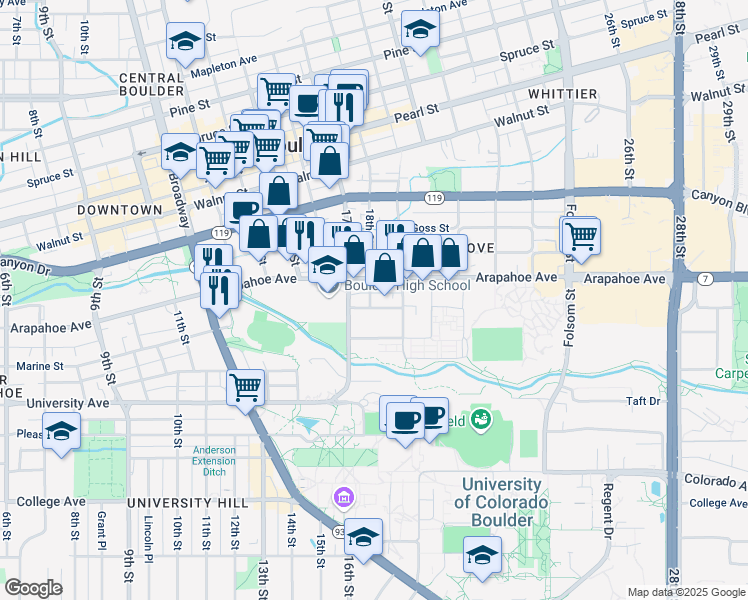 map of restaurants, bars, coffee shops, grocery stores, and more near 1805 Marine Street in Boulder