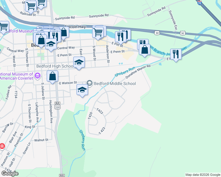 map of restaurants, bars, coffee shops, grocery stores, and more near 704 East Watson Street in Bedford