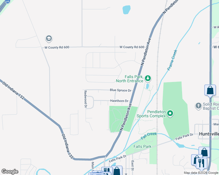 map of restaurants, bars, coffee shops, grocery stores, and more near 230 Blue Spruce Drive in Pendleton