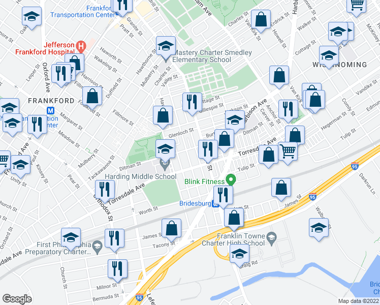 map of restaurants, bars, coffee shops, grocery stores, and more near 5105 Ditman Street in Philadelphia