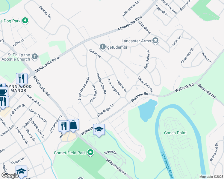 map of restaurants, bars, coffee shops, grocery stores, and more near 56 Oak Ridge Drive in Lancaster