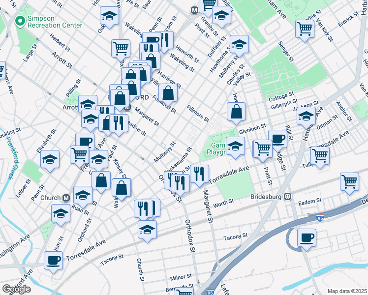 map of restaurants, bars, coffee shops, grocery stores, and more near 1828 Margaret Street in Philadelphia