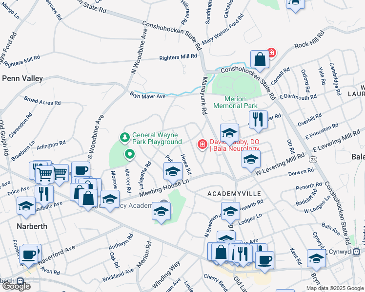 map of restaurants, bars, coffee shops, grocery stores, and more near 232 Standish Road in Merion Station