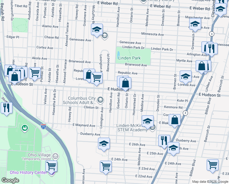 map of restaurants, bars, coffee shops, grocery stores, and more near 1179 East Hudson Street in Columbus