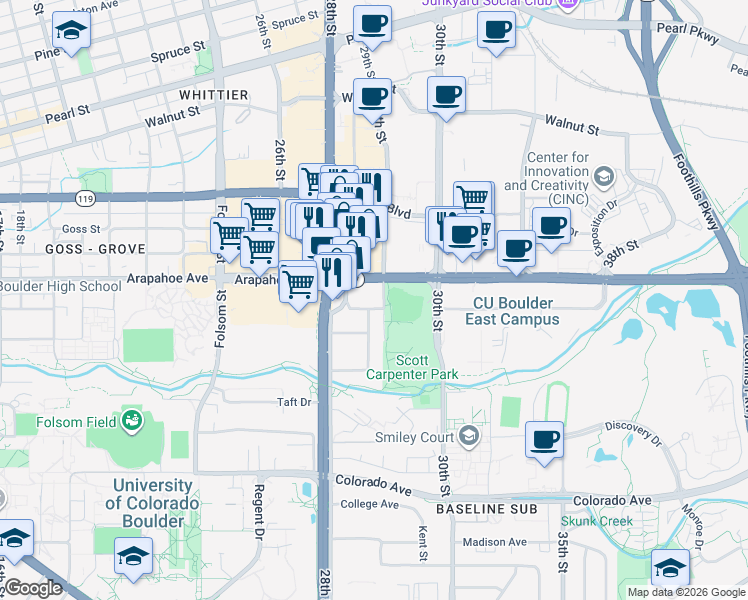 map of restaurants, bars, coffee shops, grocery stores, and more near 2939 Marine Street in Boulder