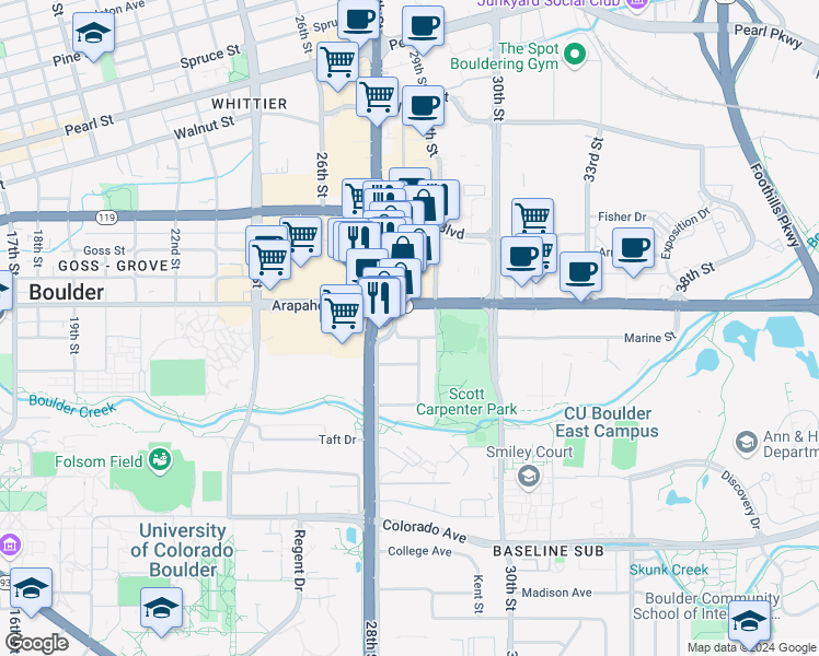 map of restaurants, bars, coffee shops, grocery stores, and more near 2939 Marine Street in Boulder