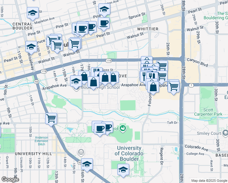 map of restaurants, bars, coffee shops, grocery stores, and more near in Boulder