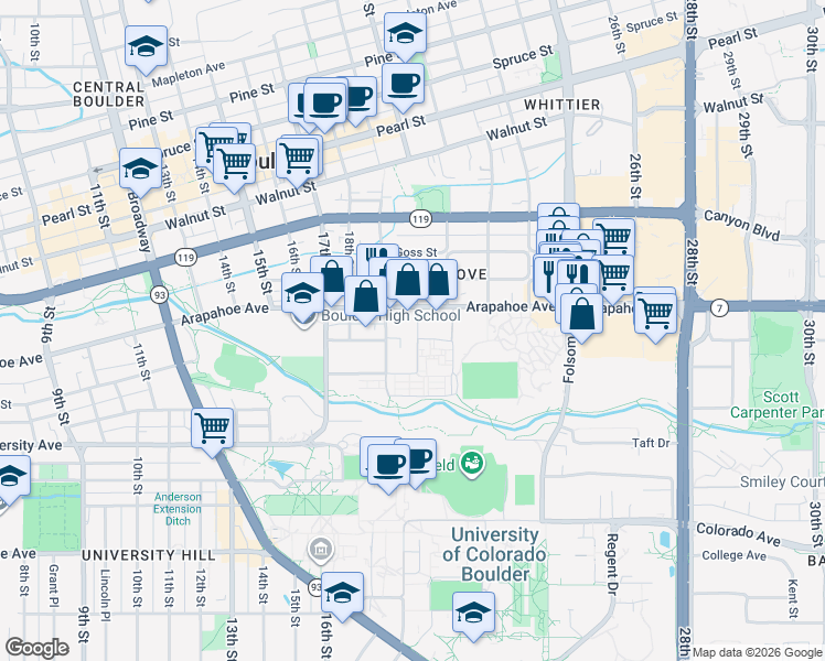map of restaurants, bars, coffee shops, grocery stores, and more near in Boulder