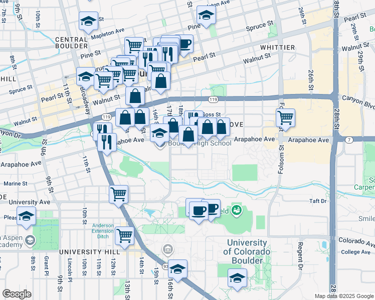 map of restaurants, bars, coffee shops, grocery stores, and more near in Boulder