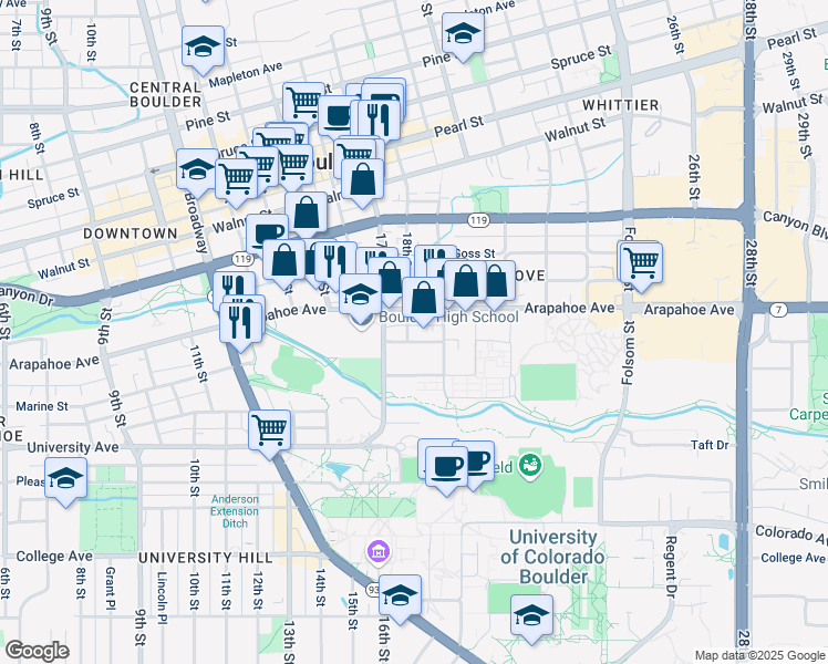 map of restaurants, bars, coffee shops, grocery stores, and more near in Boulder