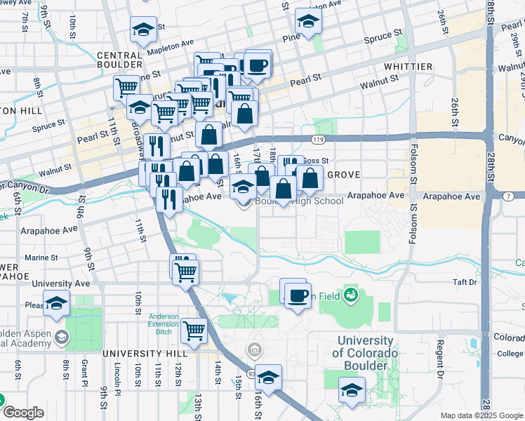 map of restaurants, bars, coffee shops, grocery stores, and more near in Boulder