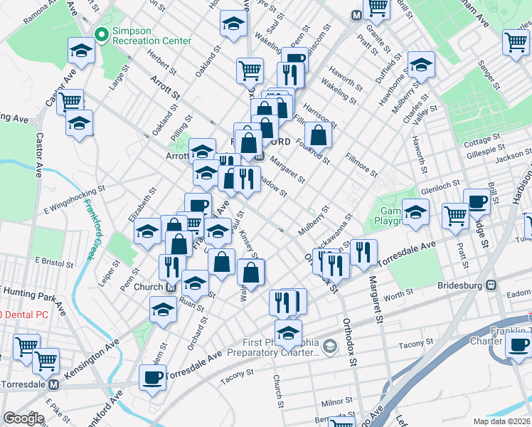 map of restaurants, bars, coffee shops, grocery stores, and more near 1657 Orthodox Street in Philadelphia