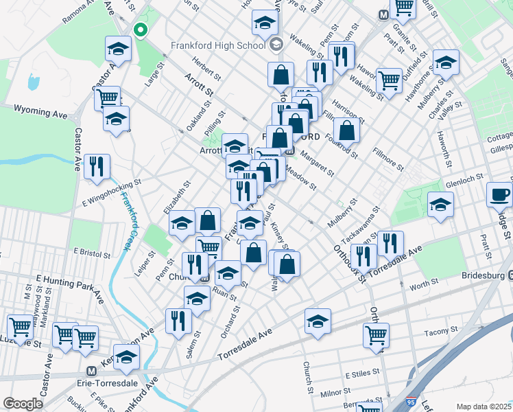 map of restaurants, bars, coffee shops, grocery stores, and more near 1617 Kinsey Street in Philadelphia