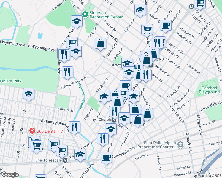 map of restaurants, bars, coffee shops, grocery stores, and more near 1401 Unity Street in Philadelphia