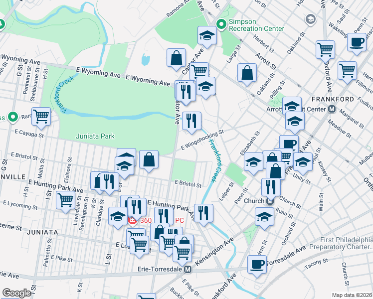 map of restaurants, bars, coffee shops, grocery stores, and more near 4416 O Street in Philadelphia