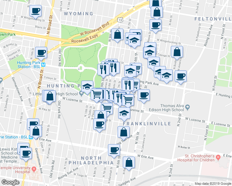 map of restaurants, bars, coffee shops, grocery stores, and more near 709 West Lycoming Street in Philadelphia