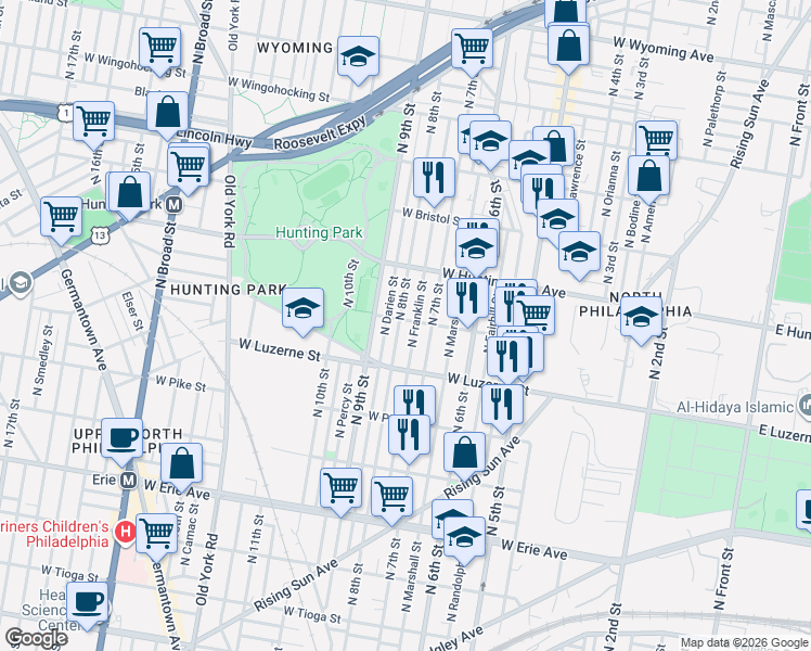 map of restaurants, bars, coffee shops, grocery stores, and more near 709 West Lycoming Street in Philadelphia