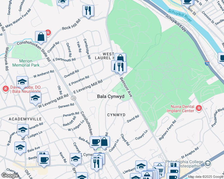 map of restaurants, bars, coffee shops, grocery stores, and more near 350 Belmont Avenue in Bala Cynwyd