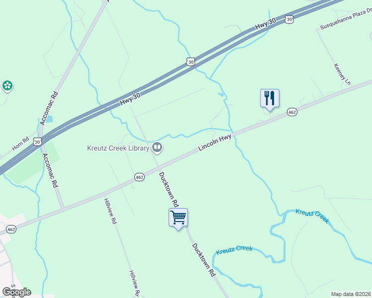 map of restaurants, bars, coffee shops, grocery stores, and more near 5579 Lincoln Highway in York