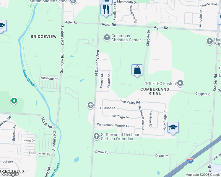 map of restaurants, bars, coffee shops, grocery stores, and more near 2081 Pepper Street in Columbus