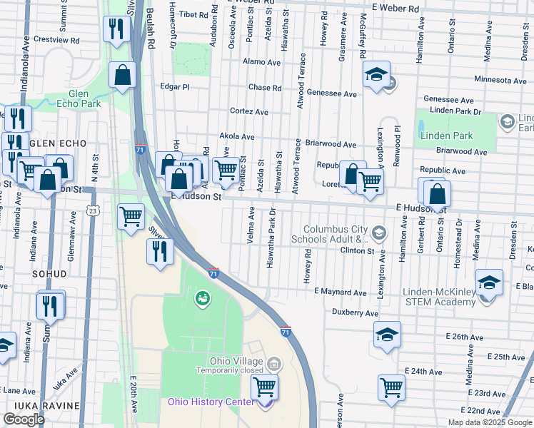 map of restaurants, bars, coffee shops, grocery stores, and more near 2408 Velma Avenue in Columbus