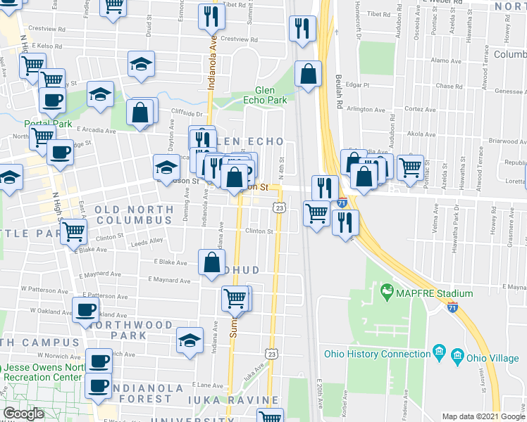 map of restaurants, bars, coffee shops, grocery stores, and more near 477 East Tompkins Street in Columbus
